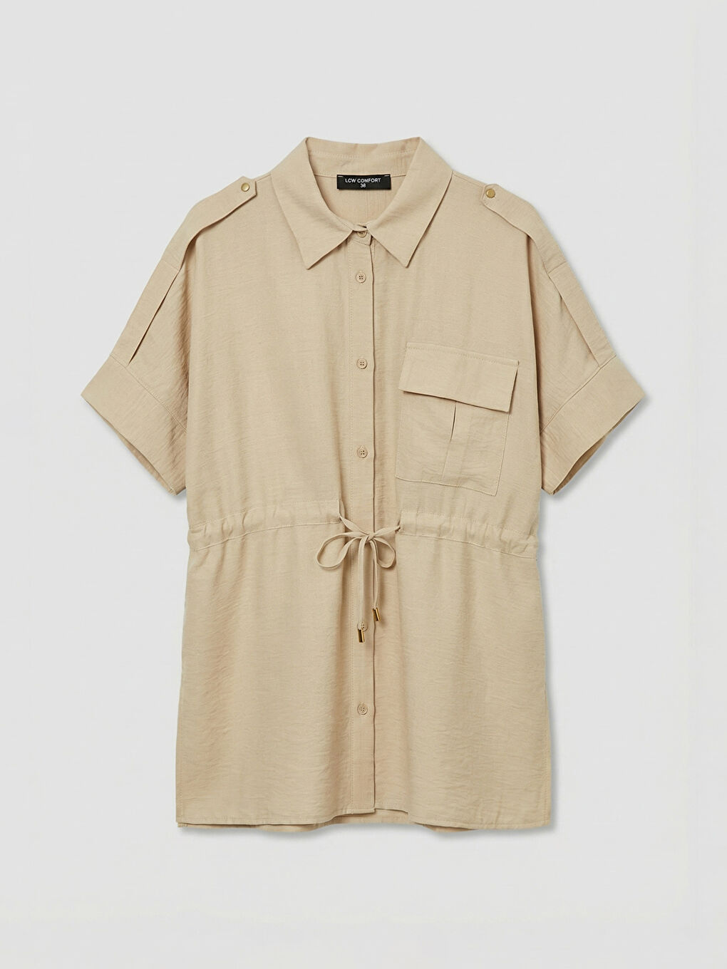 Bej Bağlama Detaylı Büzgülü Kadın Gömlek-4