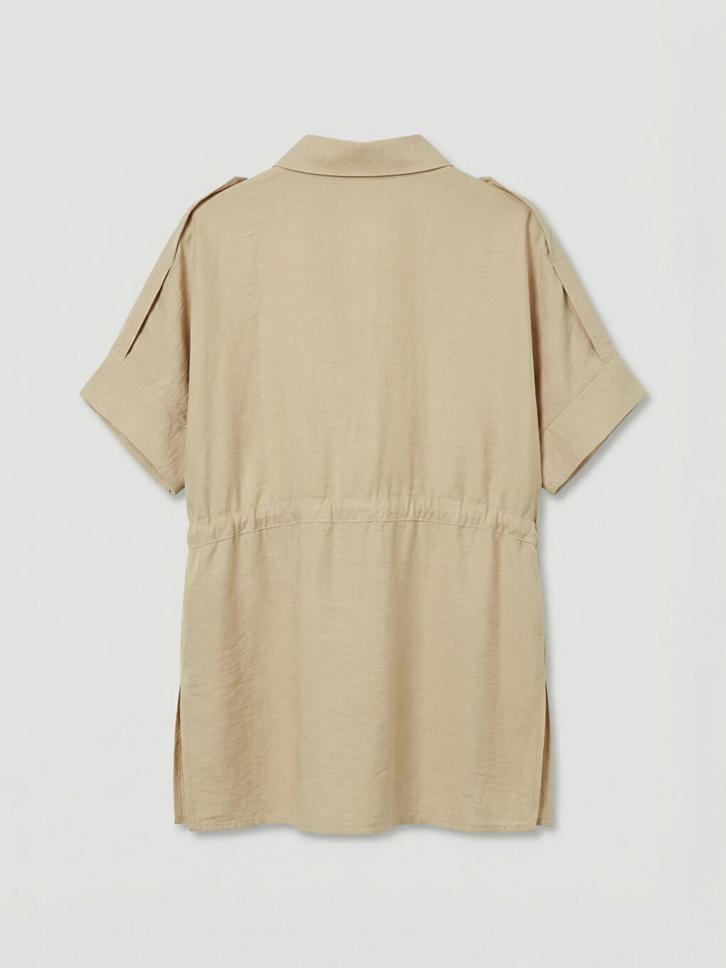 Bej Bağlama Detaylı Büzgülü Kadın Gömlek-5