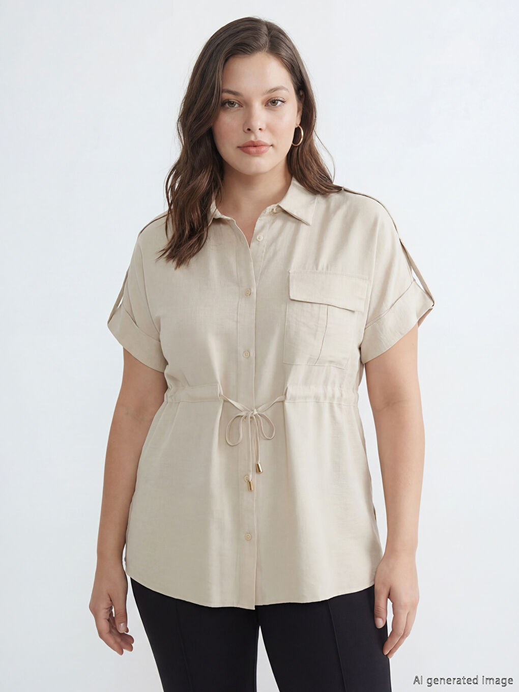 Bej Bağlama Detaylı Büzgülü Kadın Gömlek-1