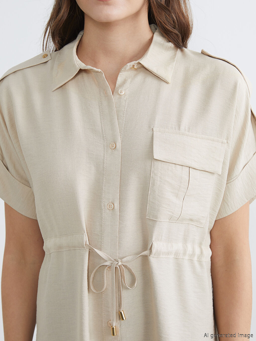 Bej Bağlama Detaylı Büzgülü Kadın Gömlek-6