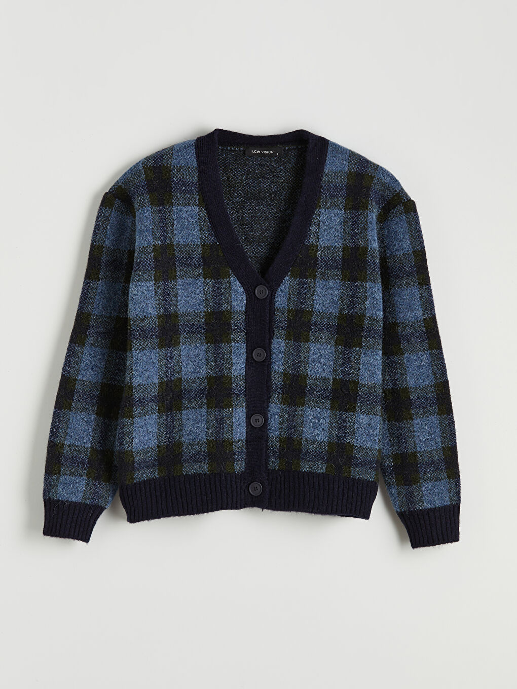 Mavi V Yaka Ekose Oversize Kadın Triko Hırka