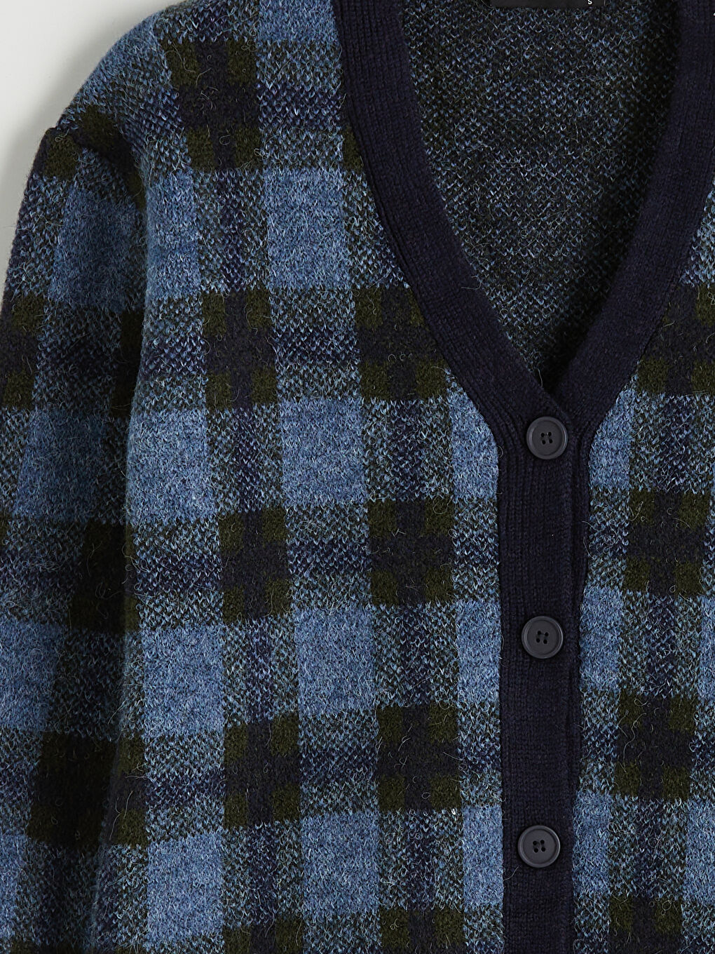 Mavi V Yaka Ekose Oversize Kadın Triko Hırka-1