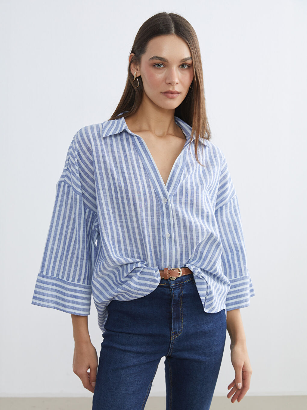 Mavi Çizgili Oversize Poplin Kadın Gömlek
