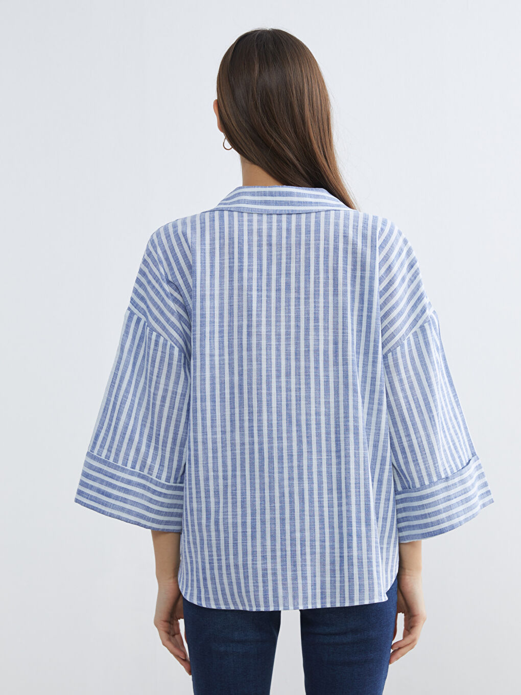 Mavi Çizgili Oversize Poplin Kadın Gömlek-3