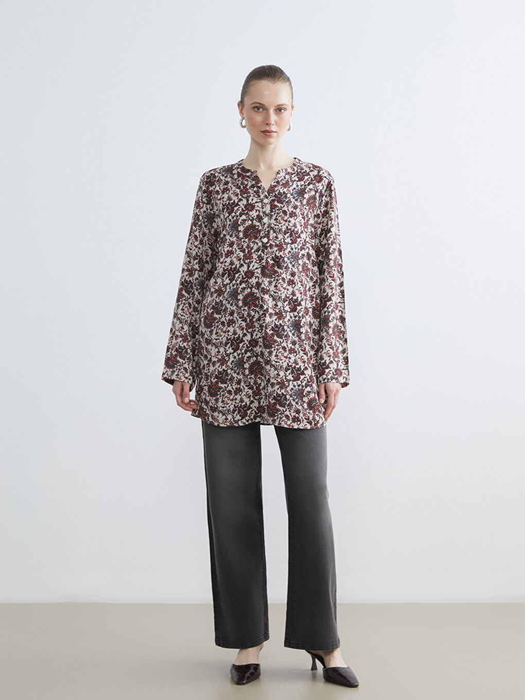 Turuncu Kaçık Yaka Desenli Kadın Tunik-1