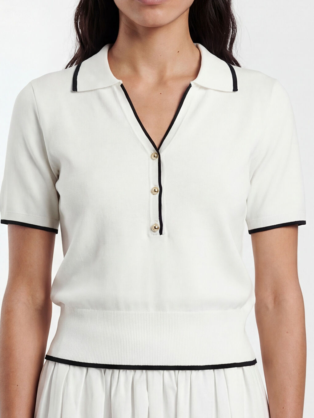 Beyaz Polo Yaka Kadın Triko Kazak-2