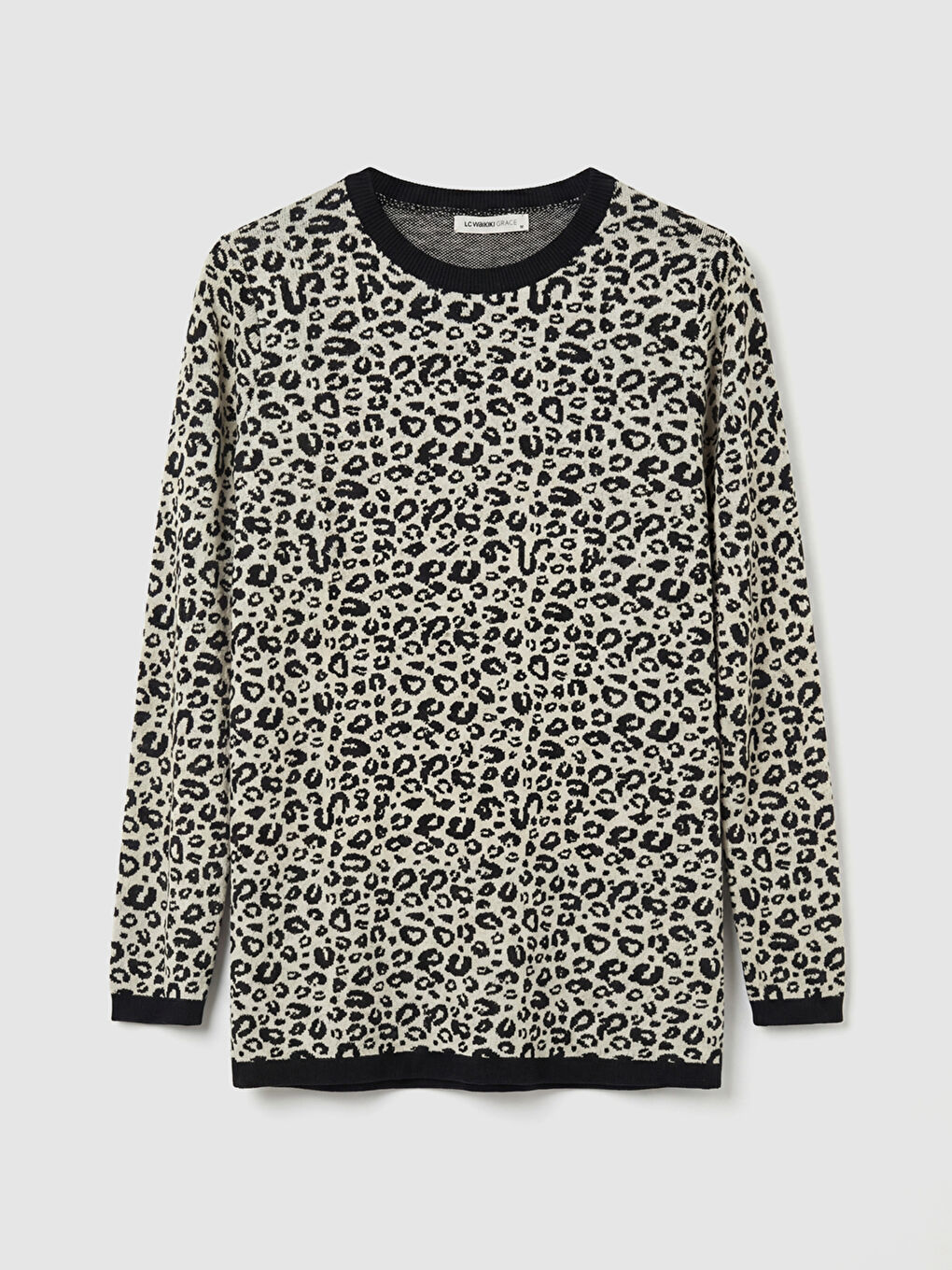 Ekru Bisiklet Yaka Leopar Desenli Kadın Triko Kazak-4