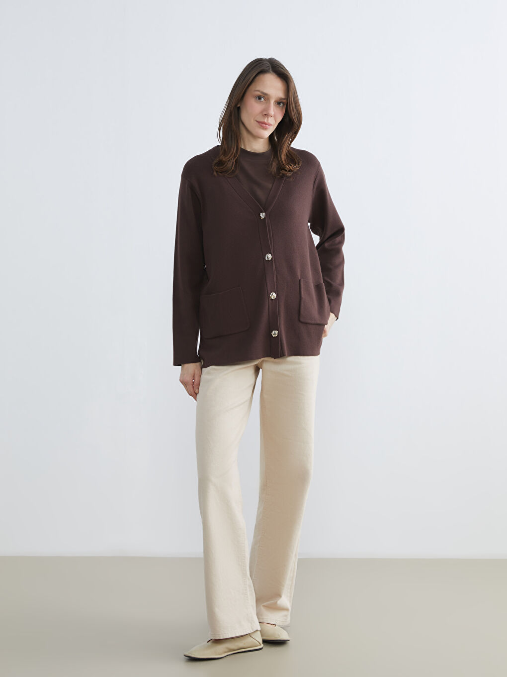 V Yaka Kadın Triko Hırka-1