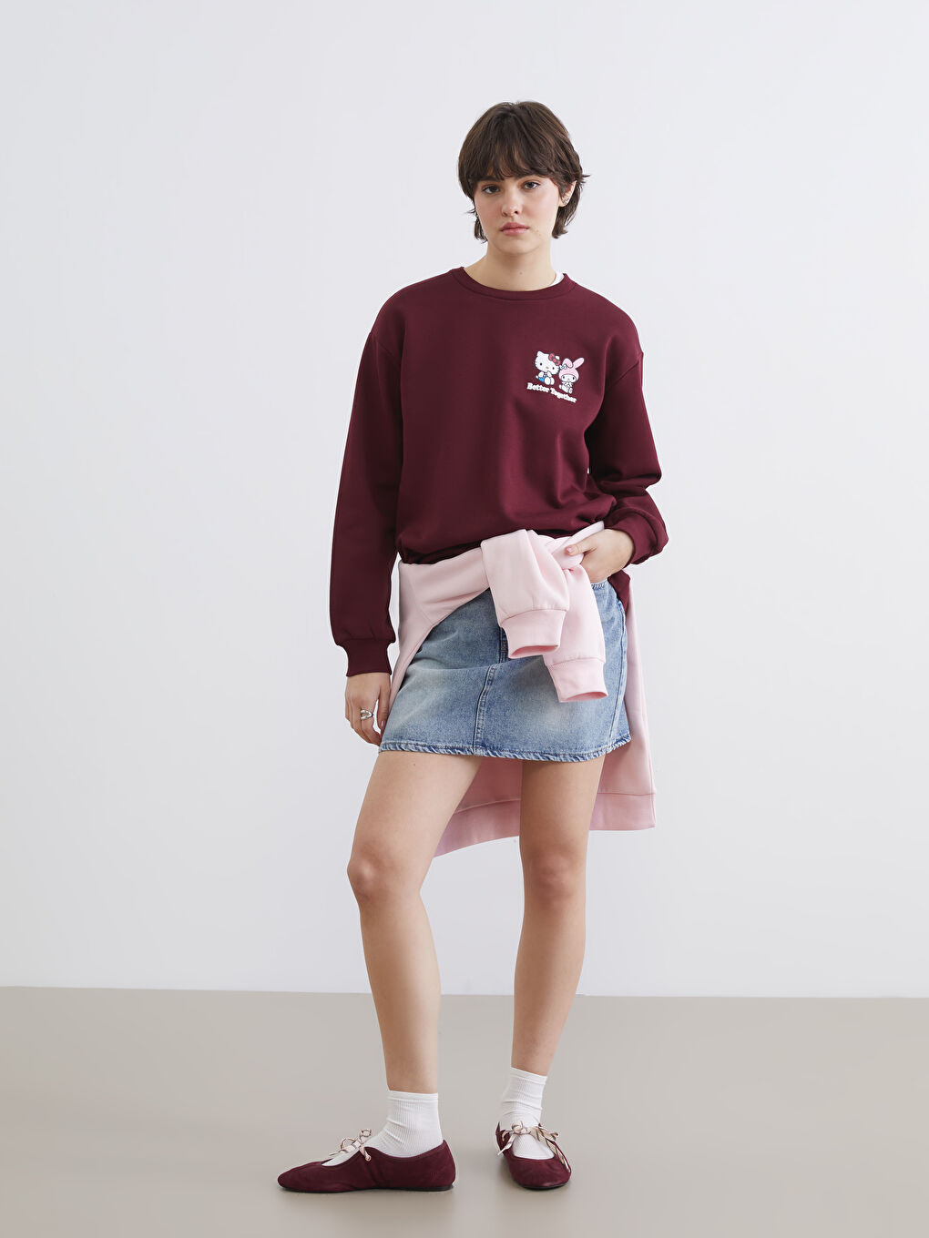 Bordo Hello Kitty Baskılı Oversize Kadın Sweatshirt-1
