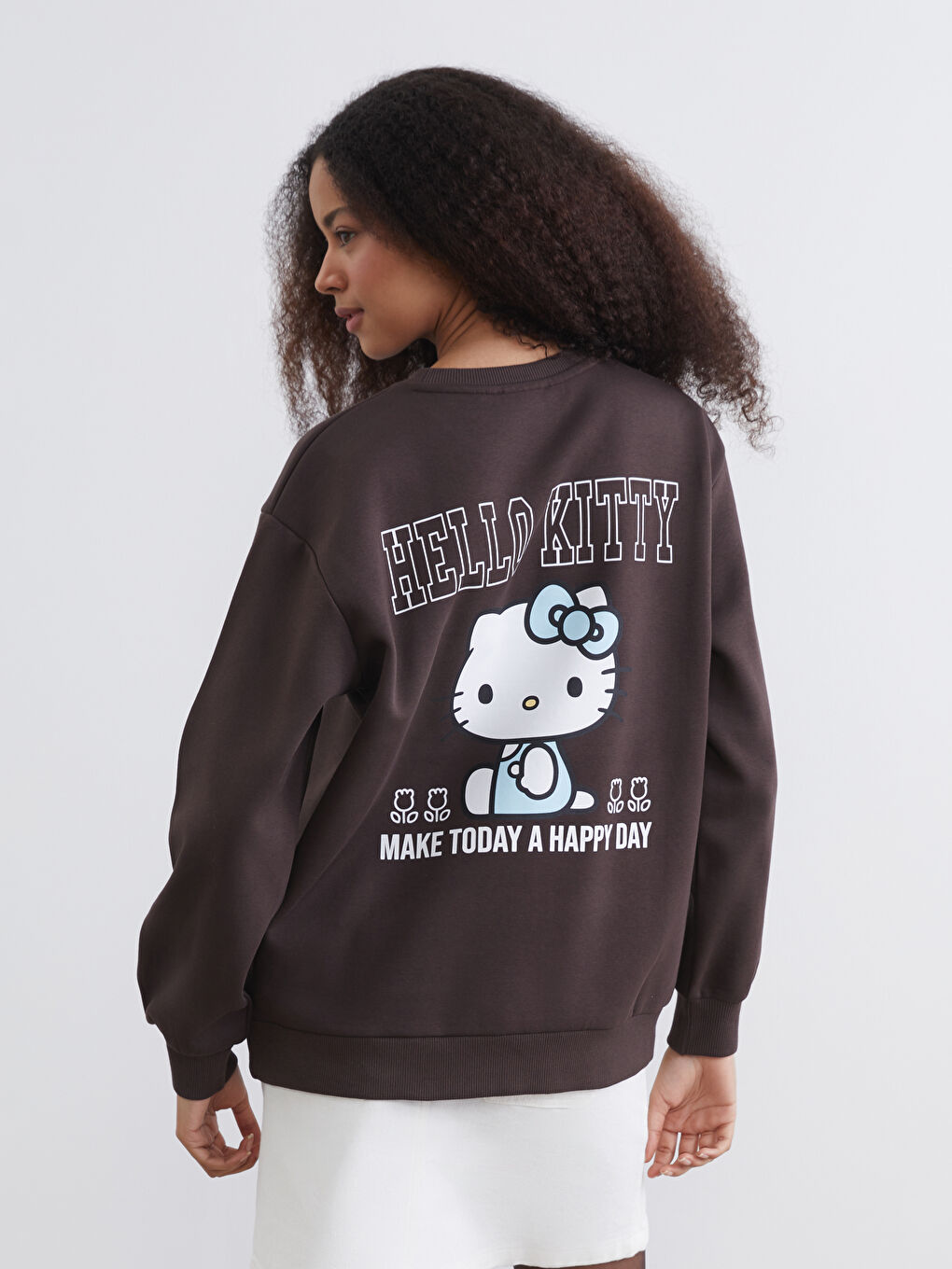 Kahverengi Hello Kitty Baskılı Kadın Kalın Sweatshirt