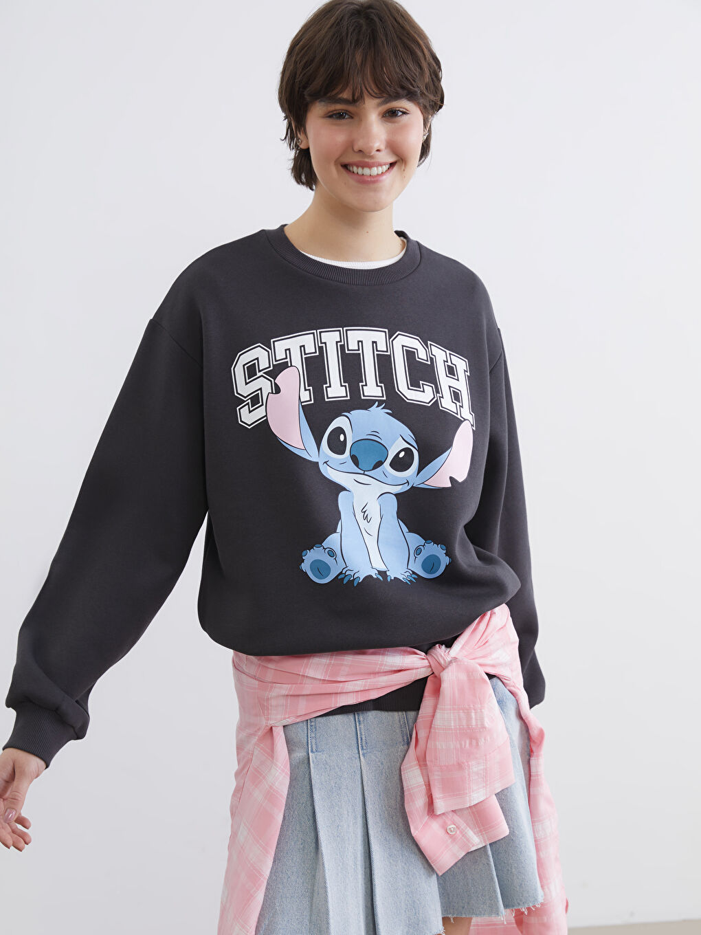 Antrasit Stitch Baskılı Oversize Kadın Kalın Sweatshirt
