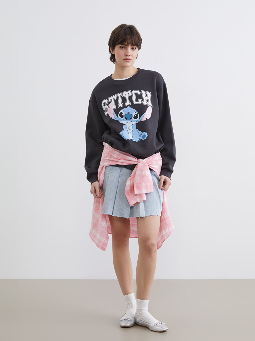 Antrasit Stitch Baskılı Oversize Kadın Kalın Sweatshirt-1