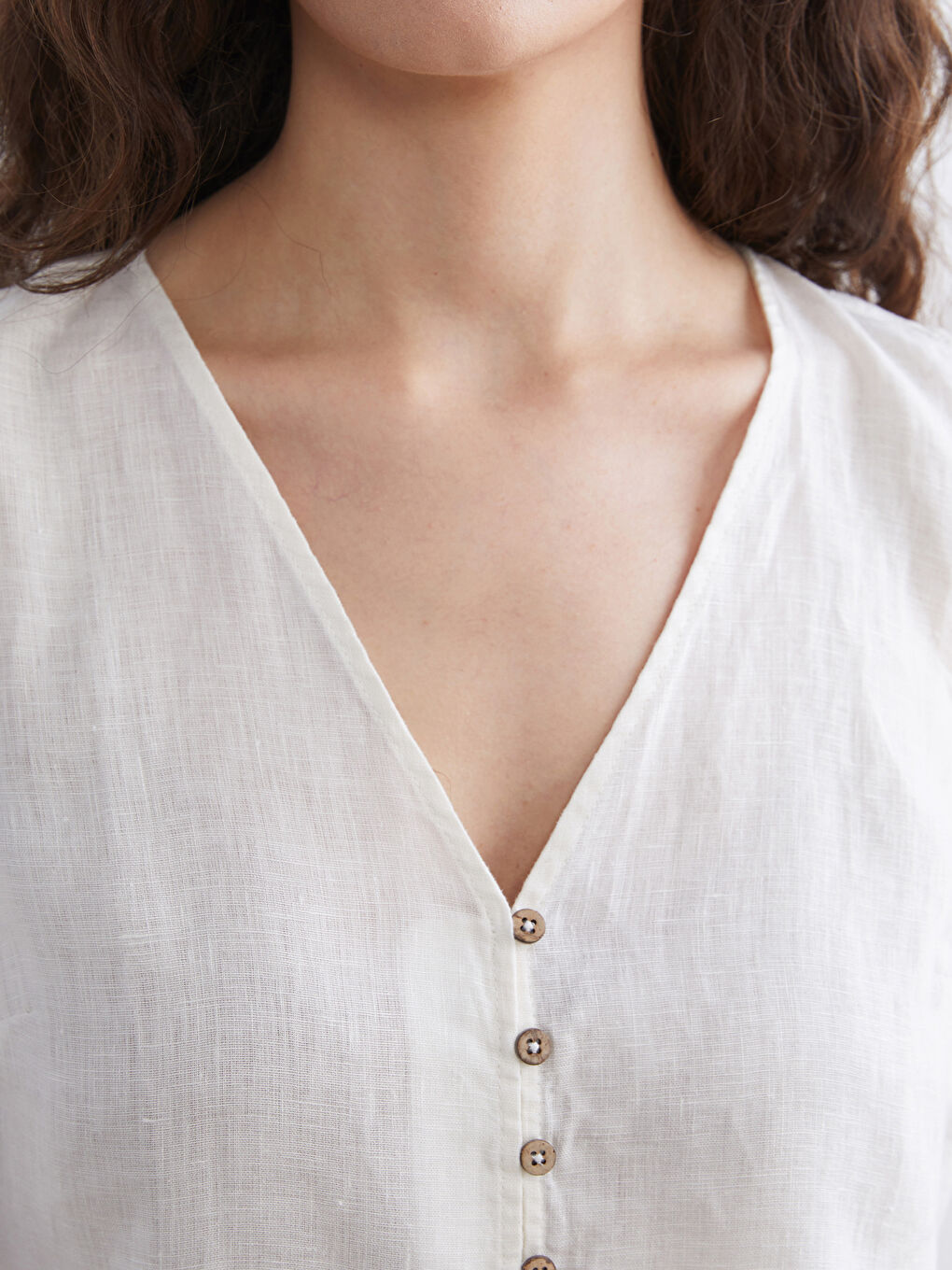 Ekru V Yaka Keten Bluz-2