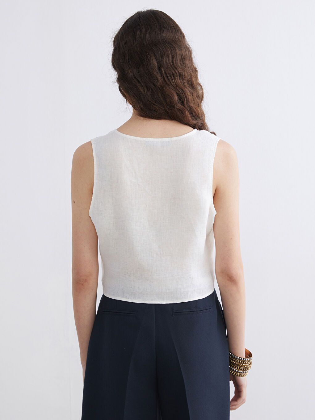 Ekru V Yaka Keten Bluz-3