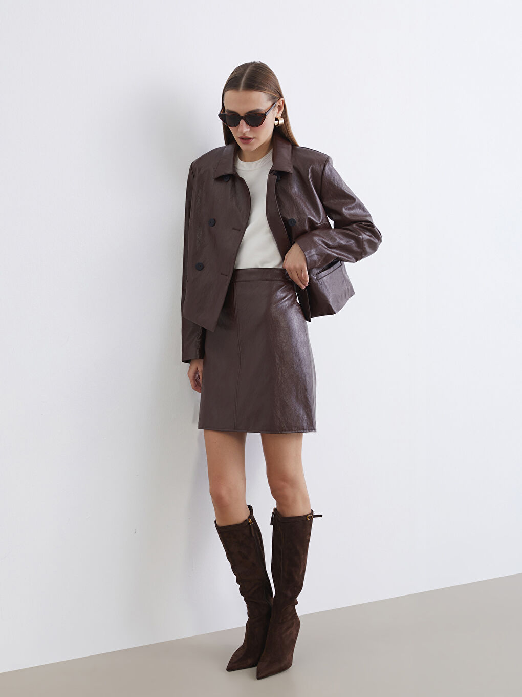 Faux Leather Look Stitched Detail Women's Skirt