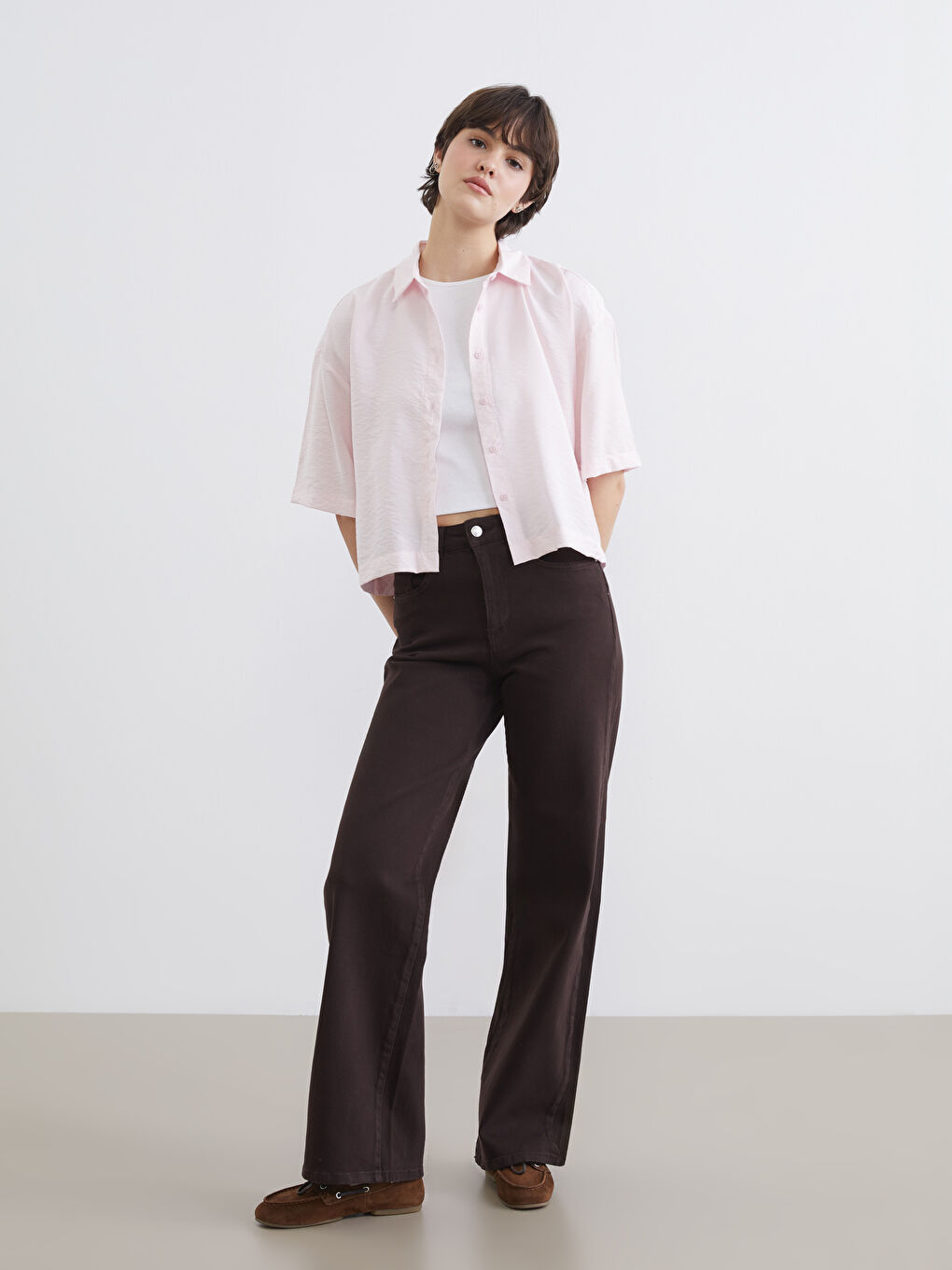 Kahverengi Wideleg Kadın Jean Pantolon	