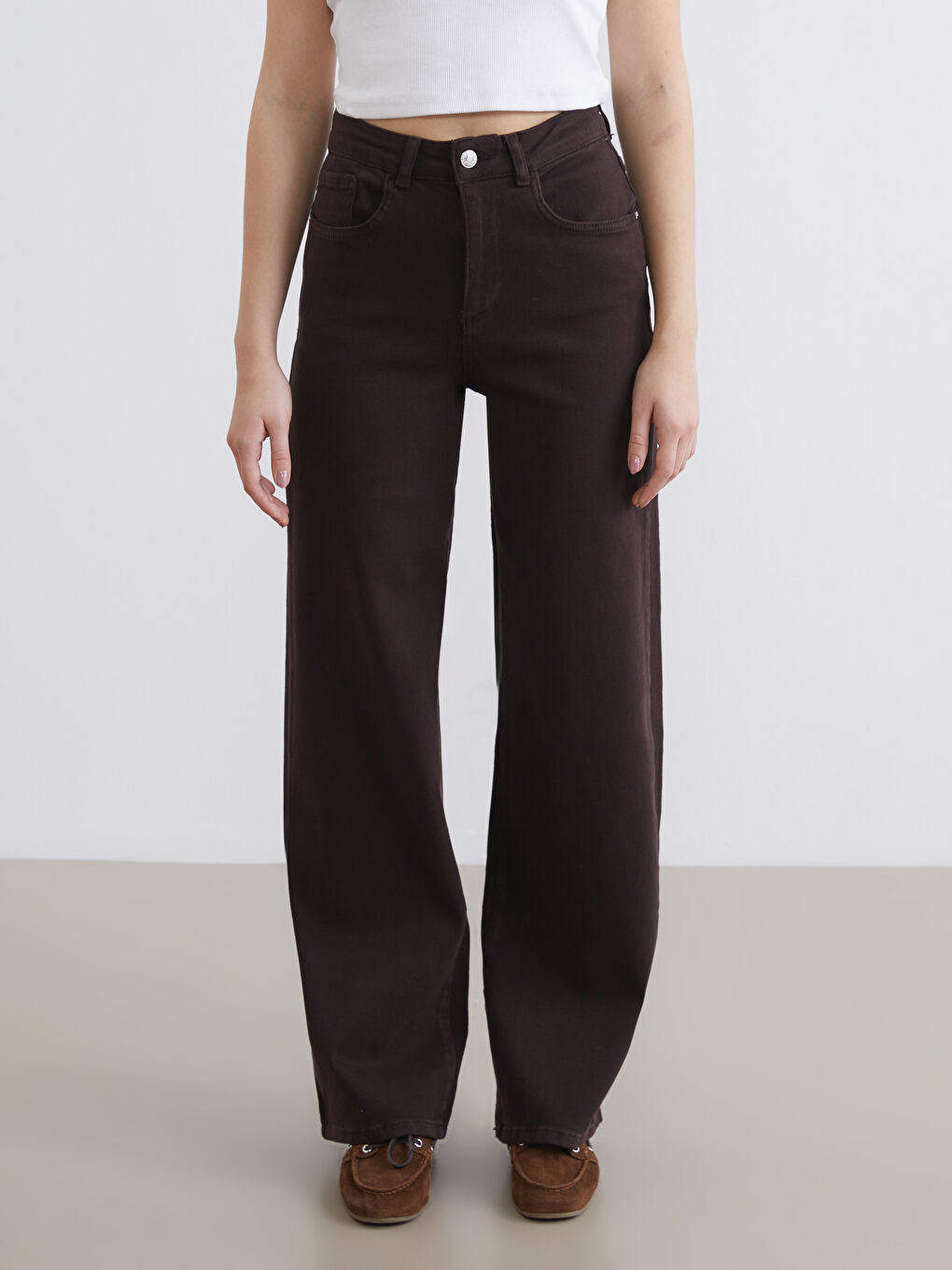 Kahverengi Wideleg Kadın Jean Pantolon	-1