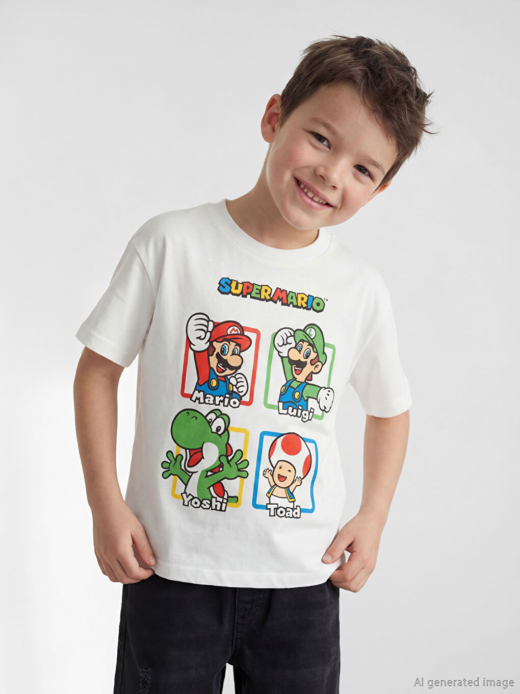 Beyaz Bisiklet Yaka Super Mario Baskılı Erkek Çocuk Tişört