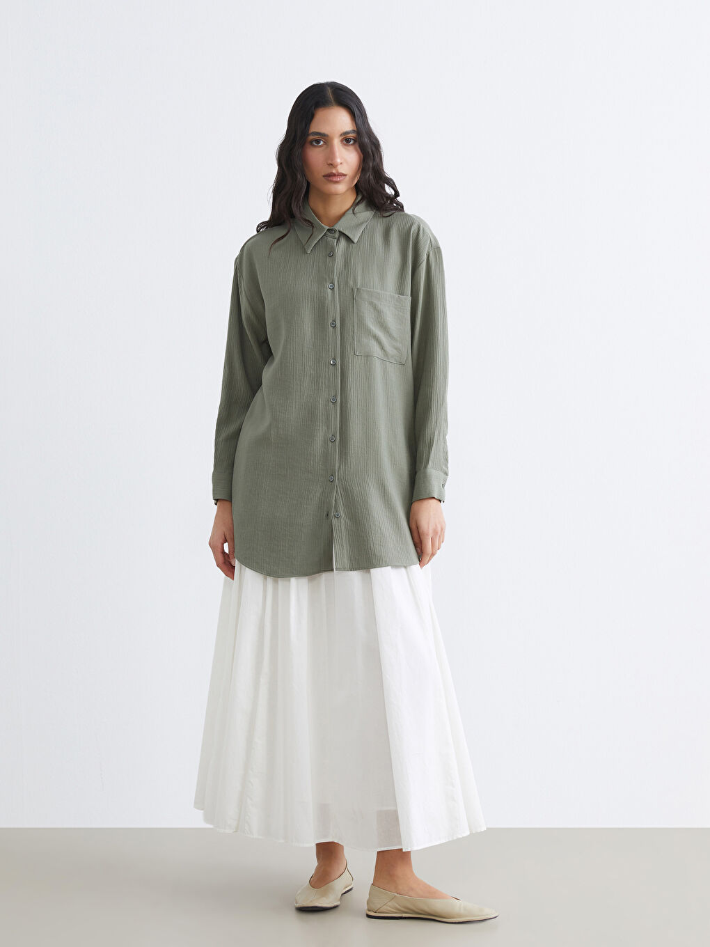 Haki Dokulu Oversize Kadın Gömlek Tunik-1
