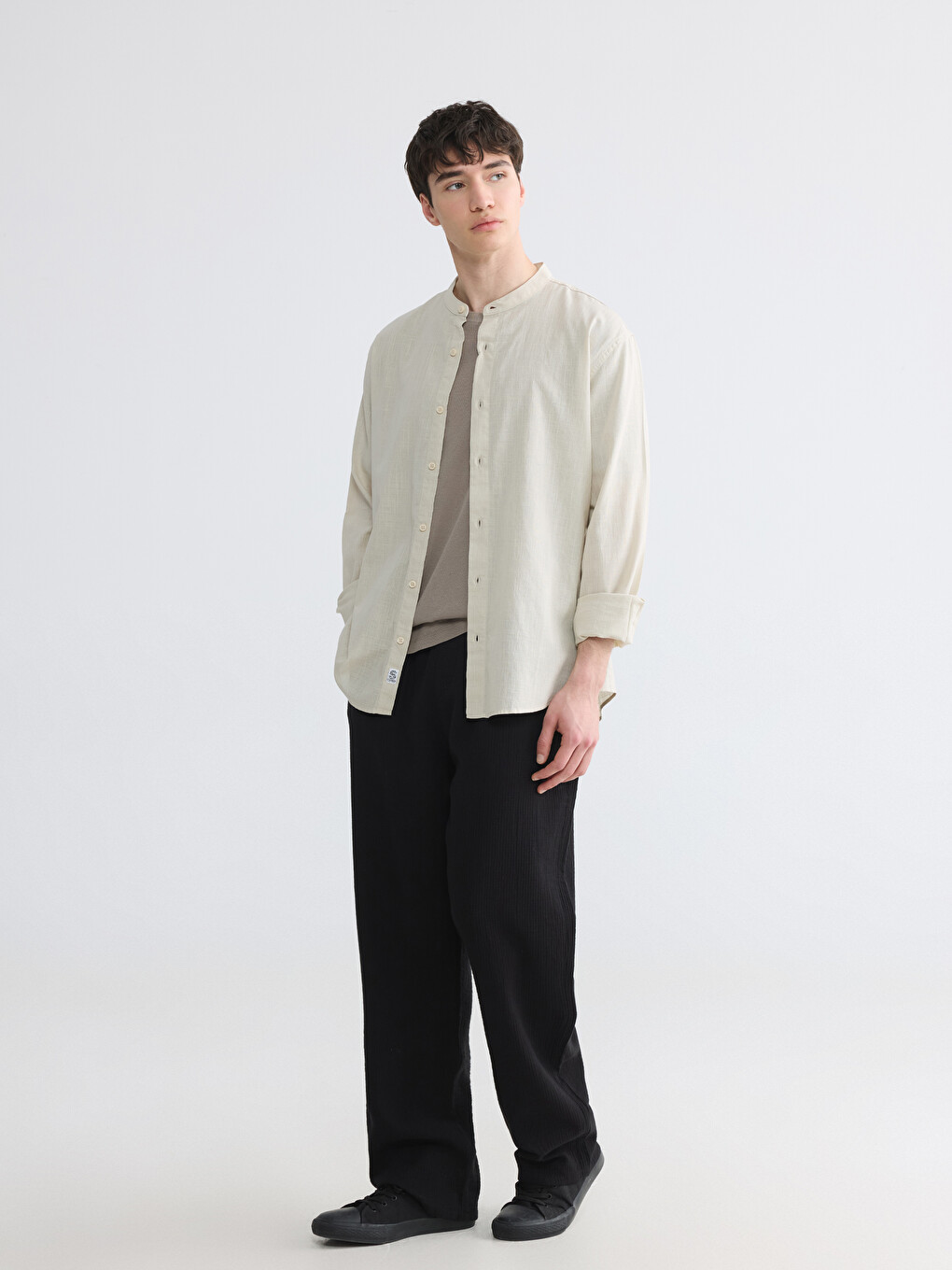Regular Fit Grandad Collar Poplin Men's Shirt-1