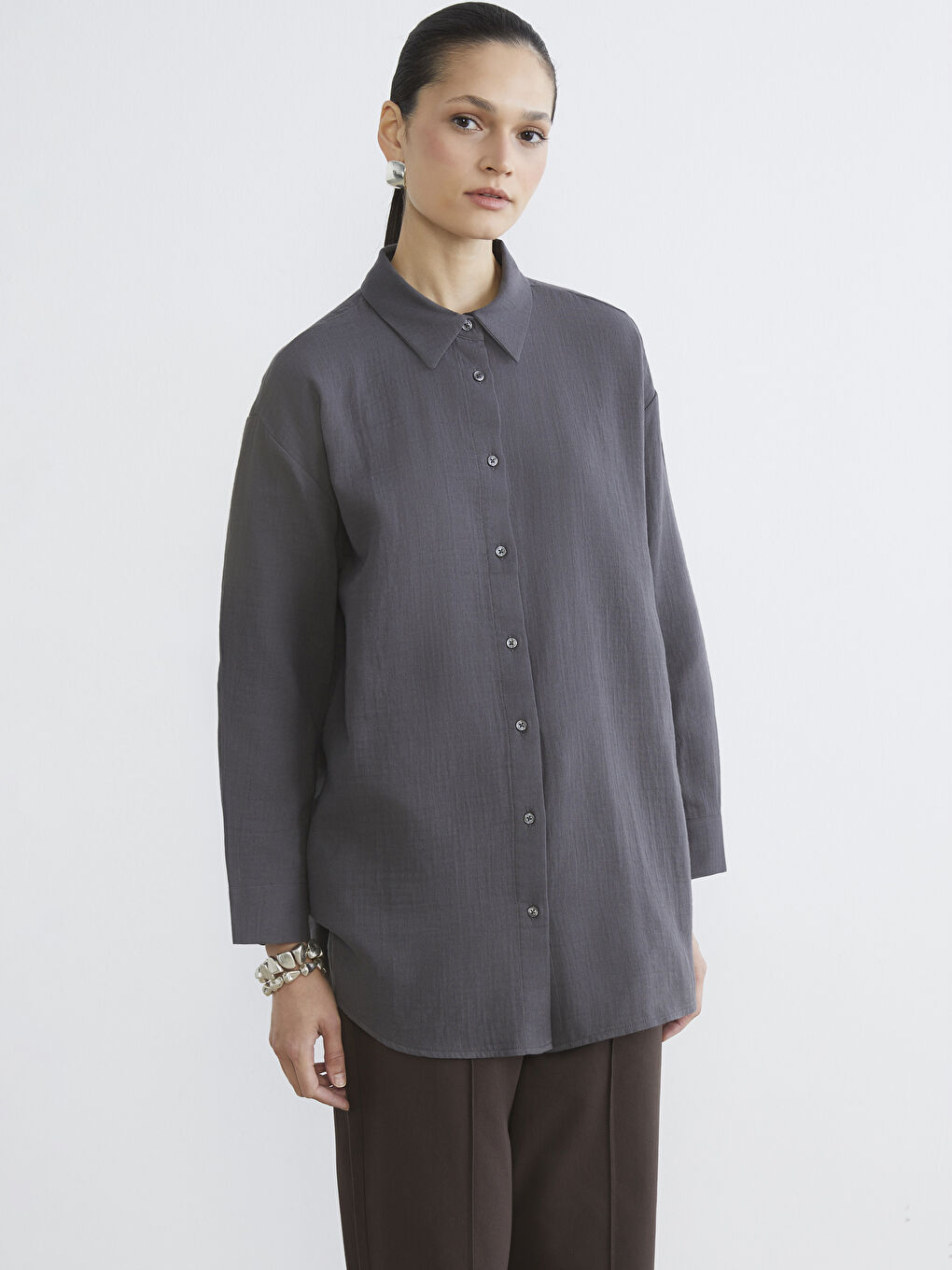 Antrasit Müslin Kadın Gömlek Tunik	