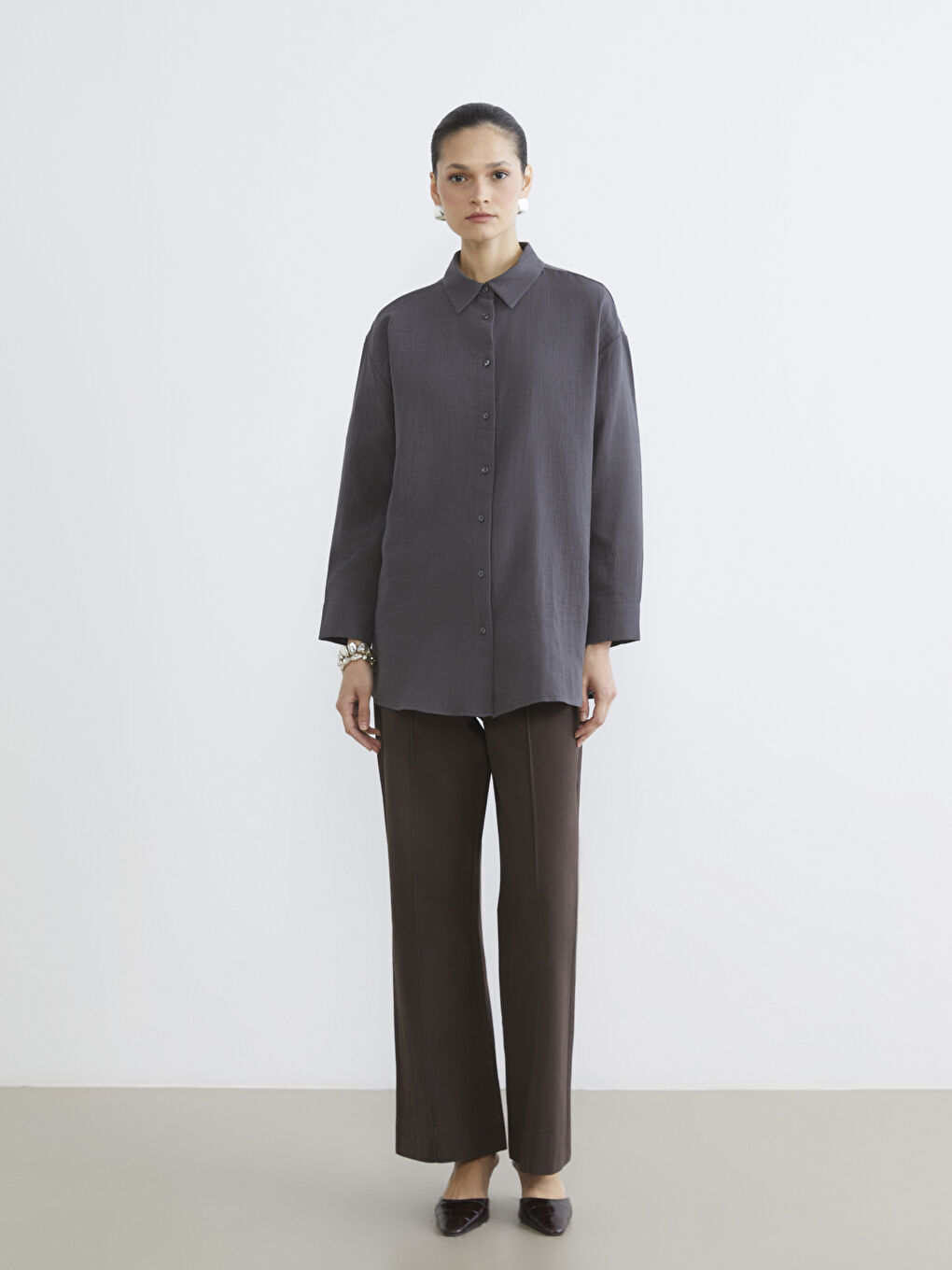 Antrasit Müslin Kadın Gömlek Tunik	-1