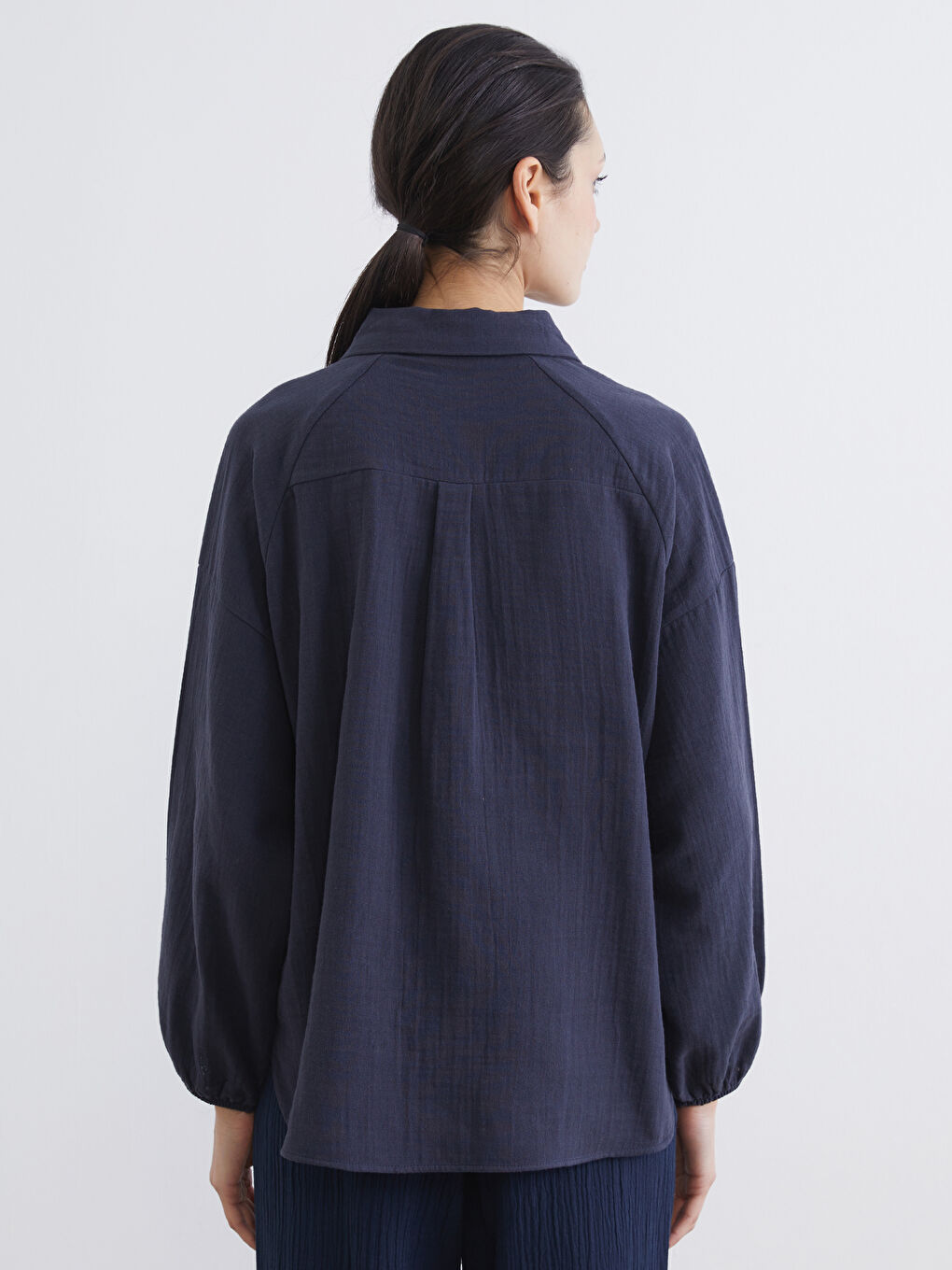 Lacivert Dokulu Oversize Müslin Kadın Gömlek Tunik-3