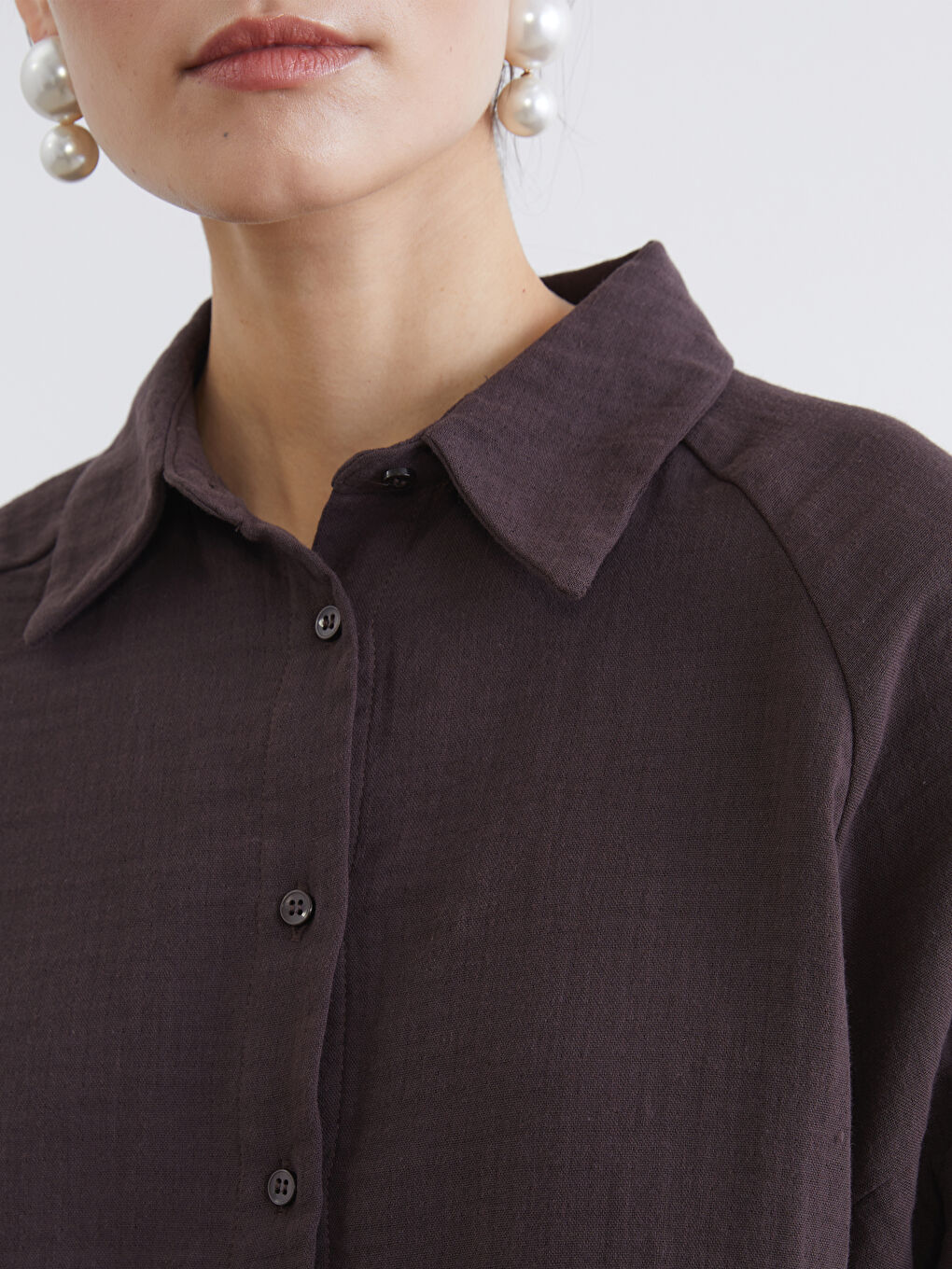 Kahverengi Dokulu Oversize Müslin Kadın Gömlek Tunik-2