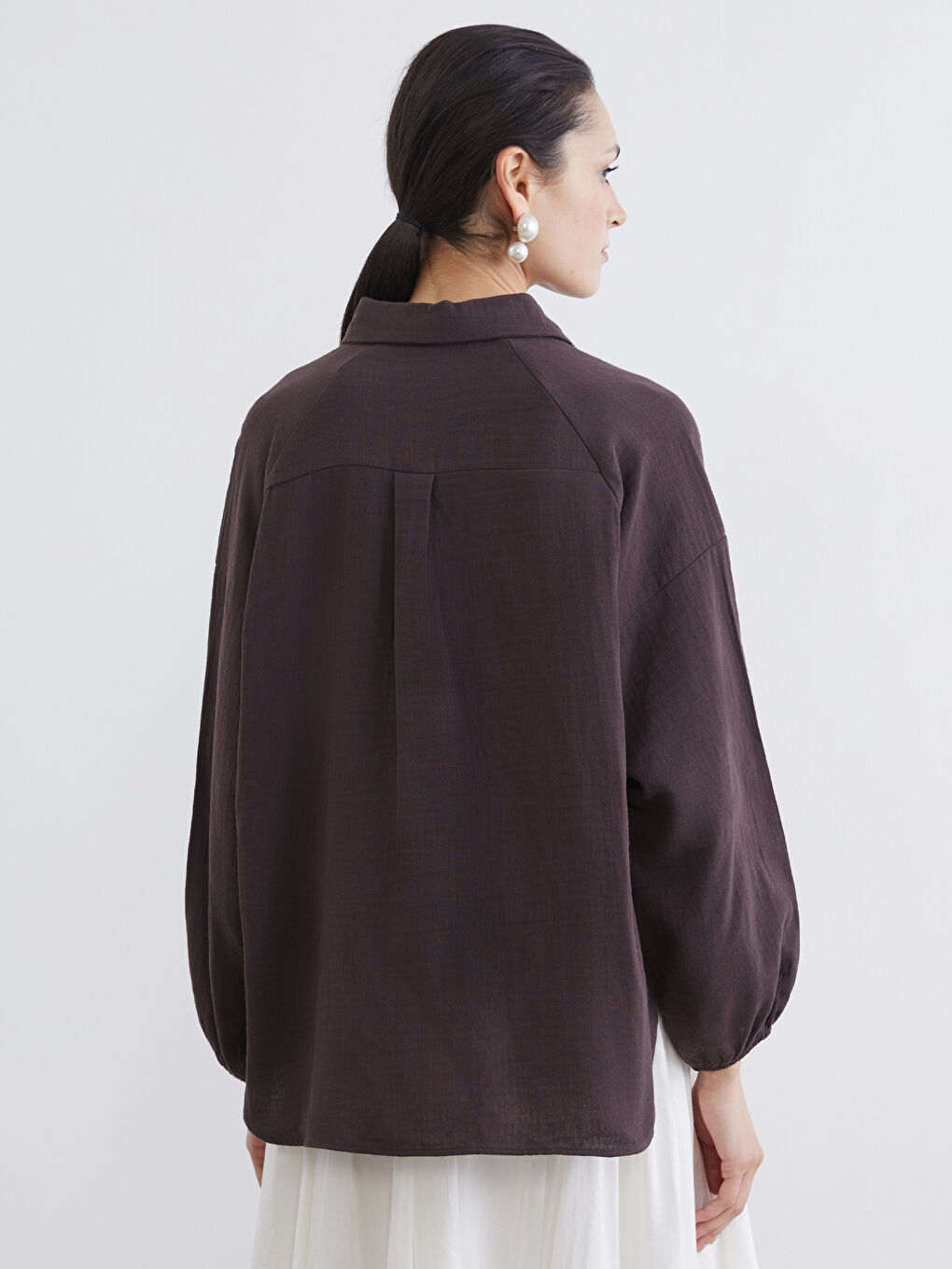 Kahverengi Dokulu Oversize Müslin Kadın Gömlek Tunik-4