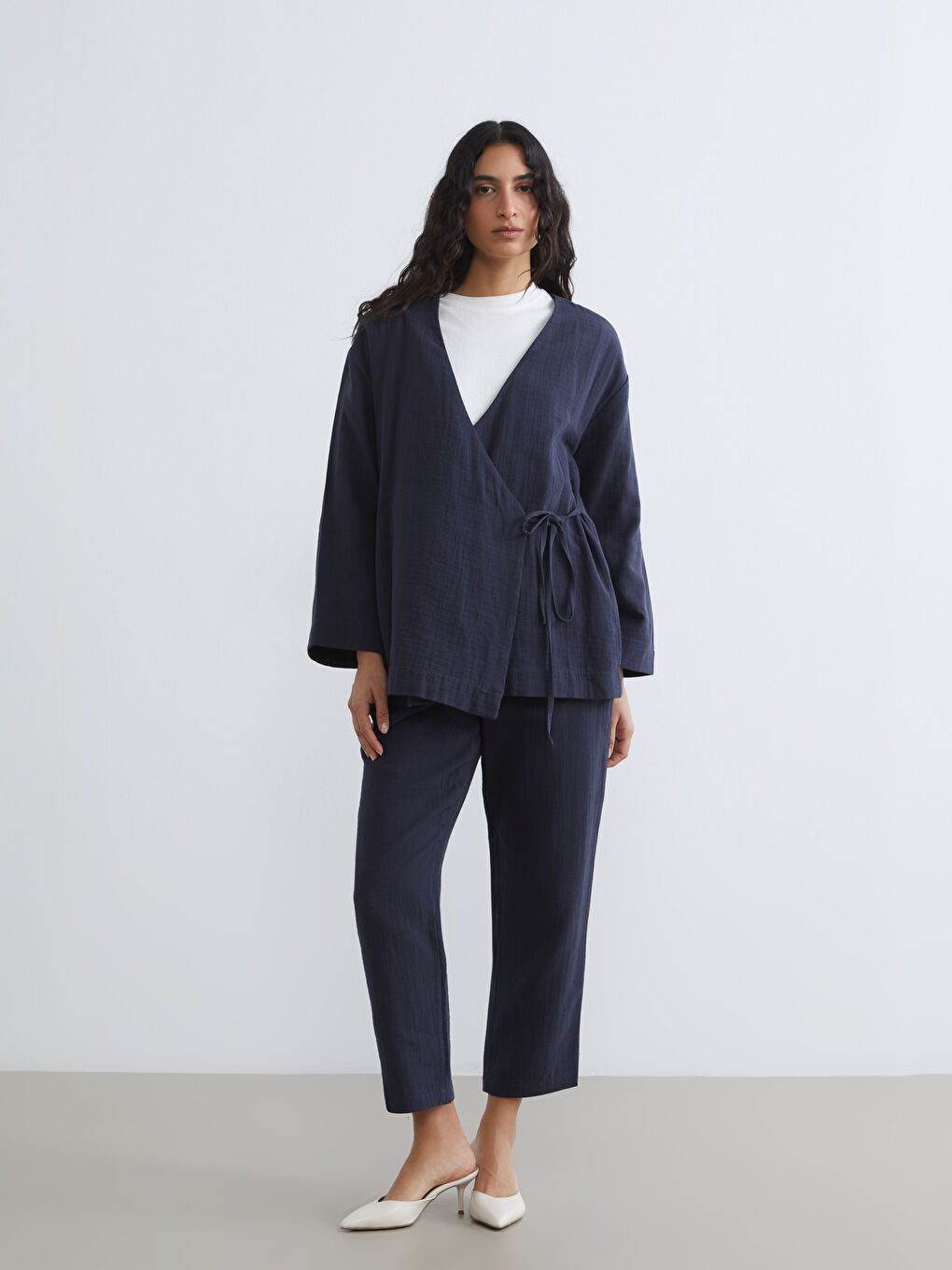 Lacivert Kruvaze Yaka Kadın Müslin Kimono	-1