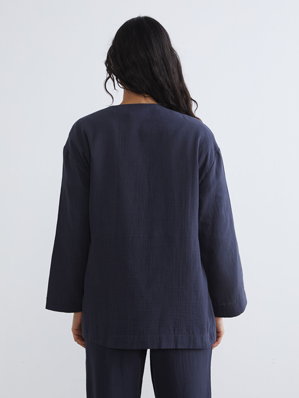 Lacivert Kruvaze Yaka Kadın Müslin Kimono	-3