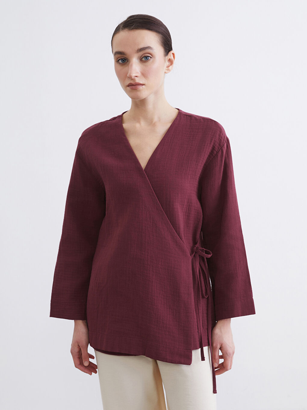 Bordo Kruvaze Yaka Kadın Müslin Kimono	