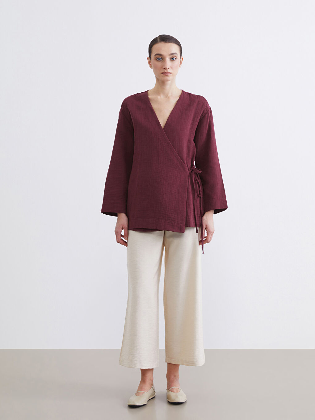 Bordo Kruvaze Yaka Kadın Müslin Kimono	-1