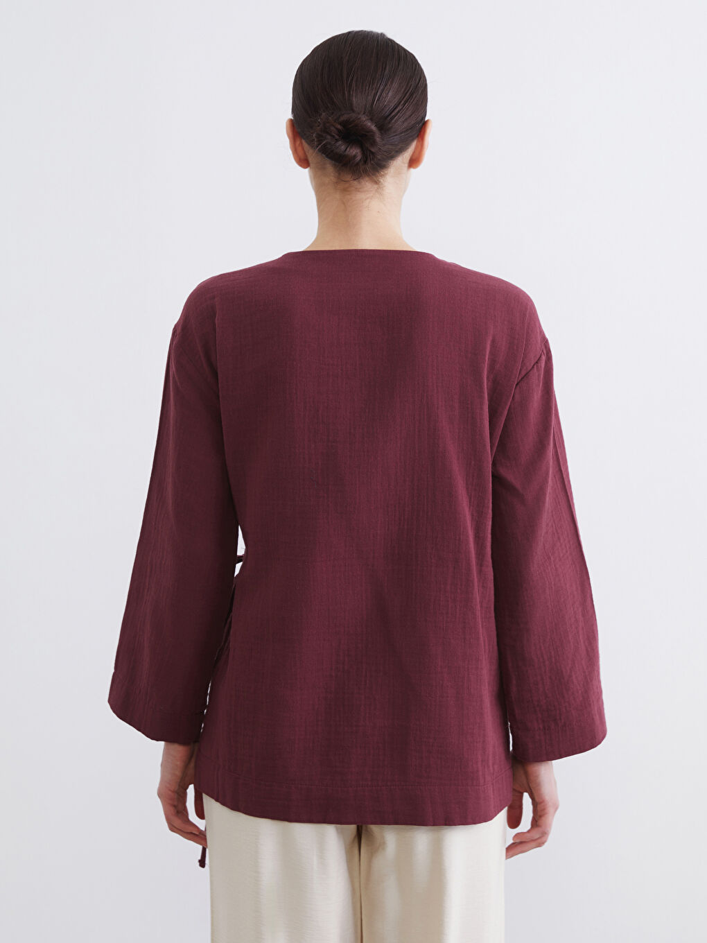 Bordo Kruvaze Yaka Kadın Müslin Kimono	-3