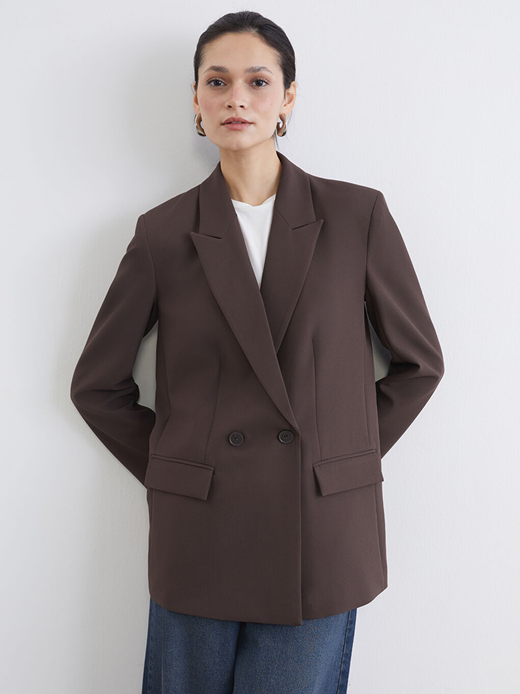 Kahverengi Kruvaze Yaka Kadın Blazer Ceket