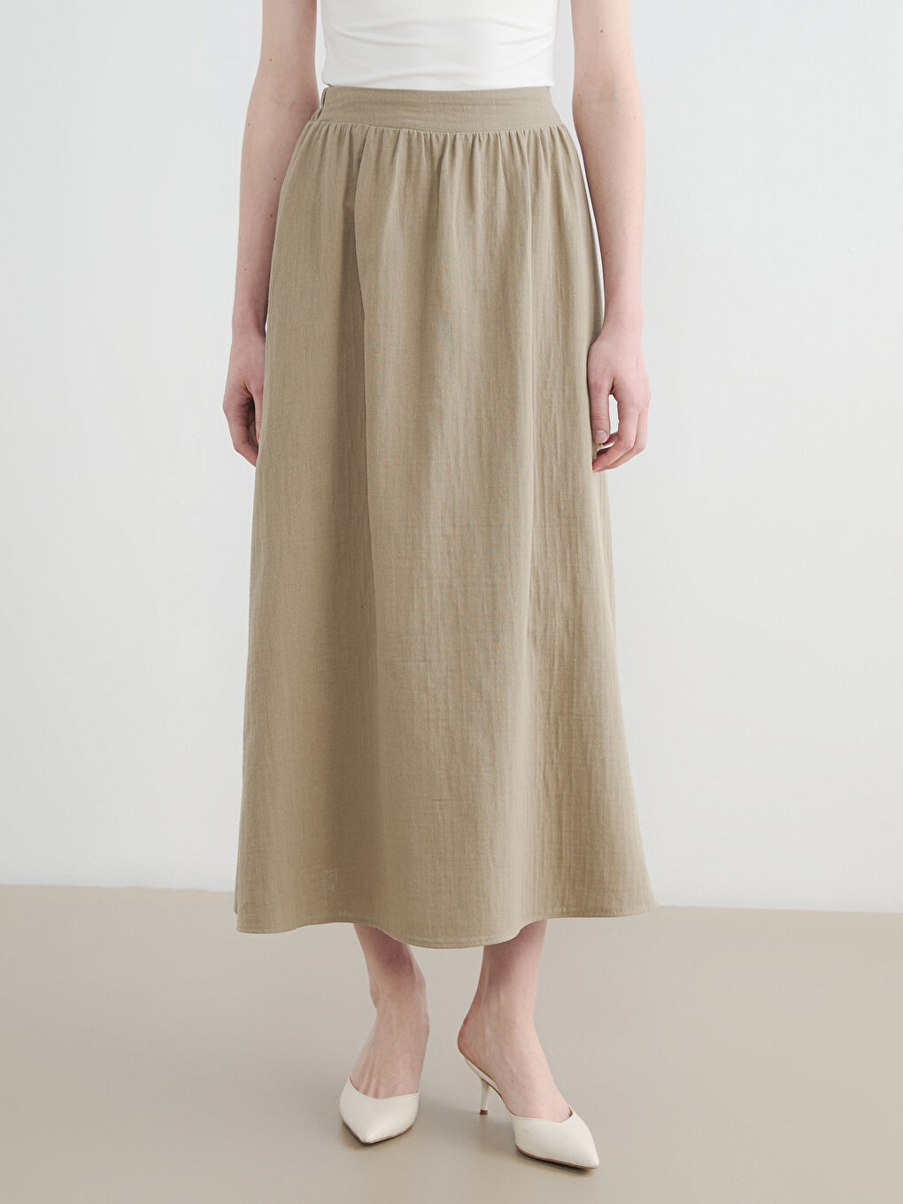 Haki Beli Lastikli Kloş Müslin Etek-1