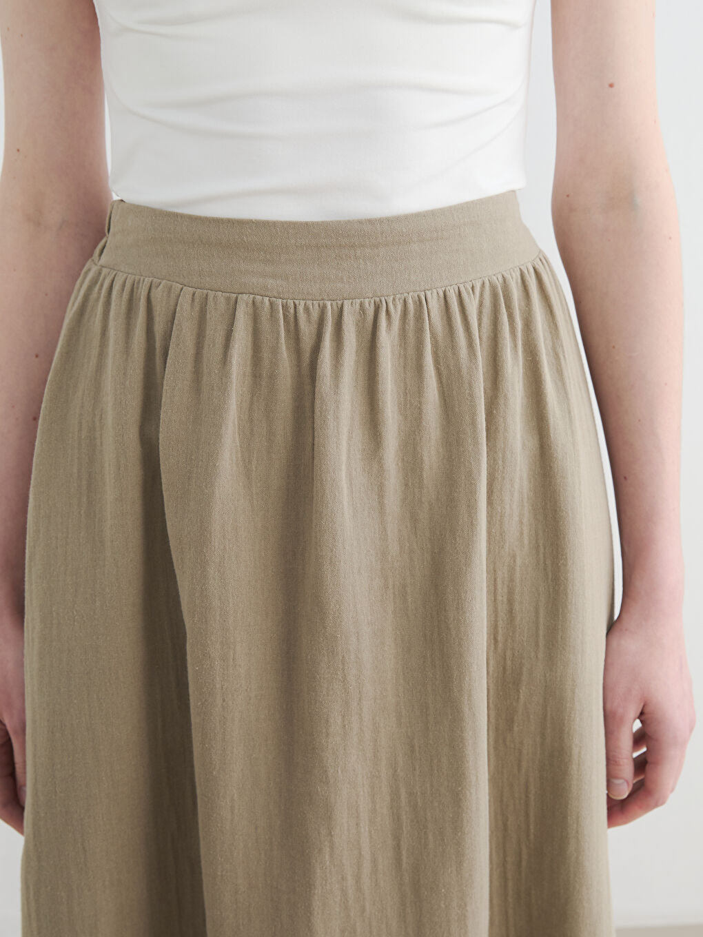 Haki Beli Lastikli Kloş Müslin Etek-2