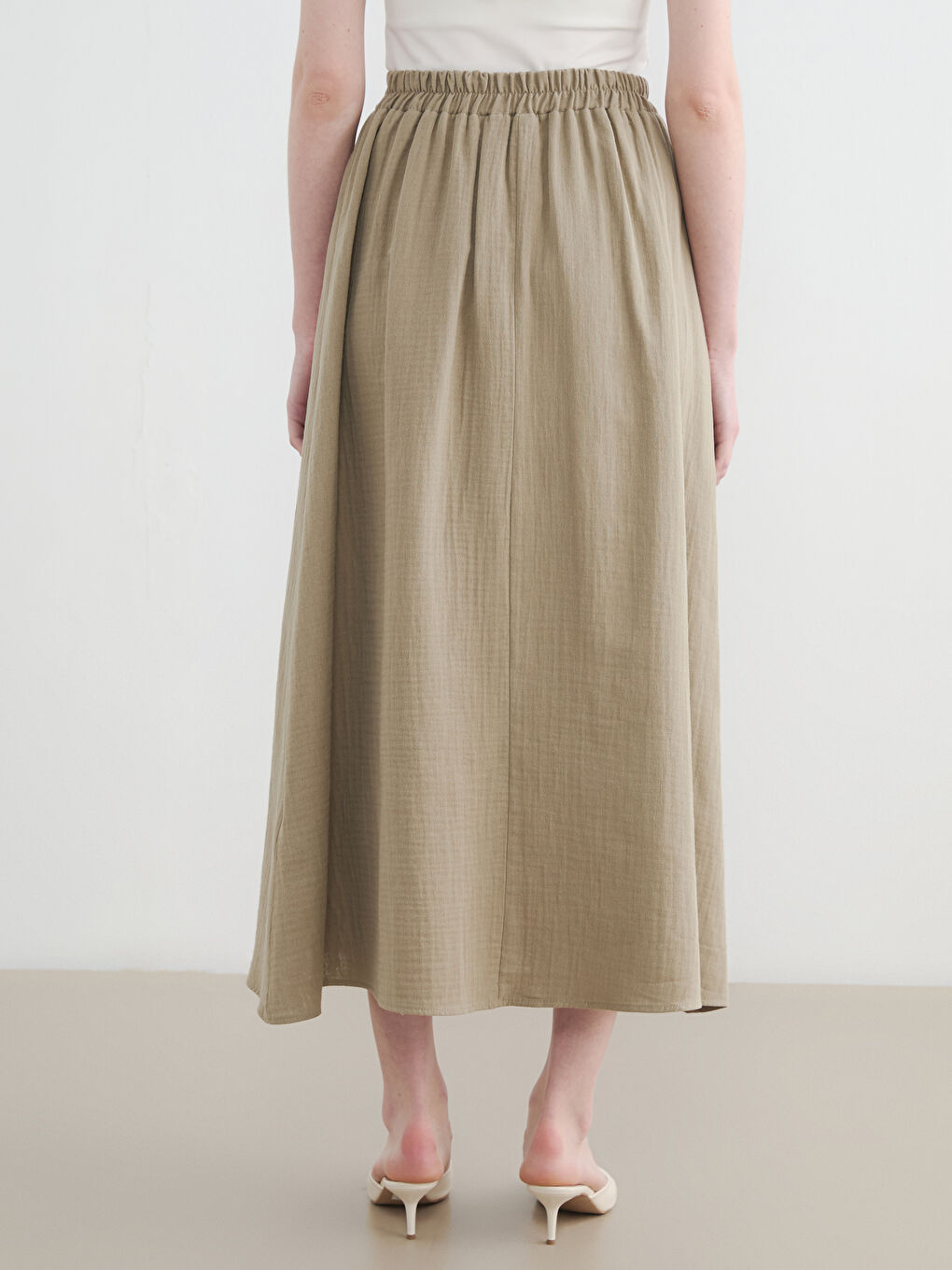 Haki Beli Lastikli Kloş Müslin Etek-3