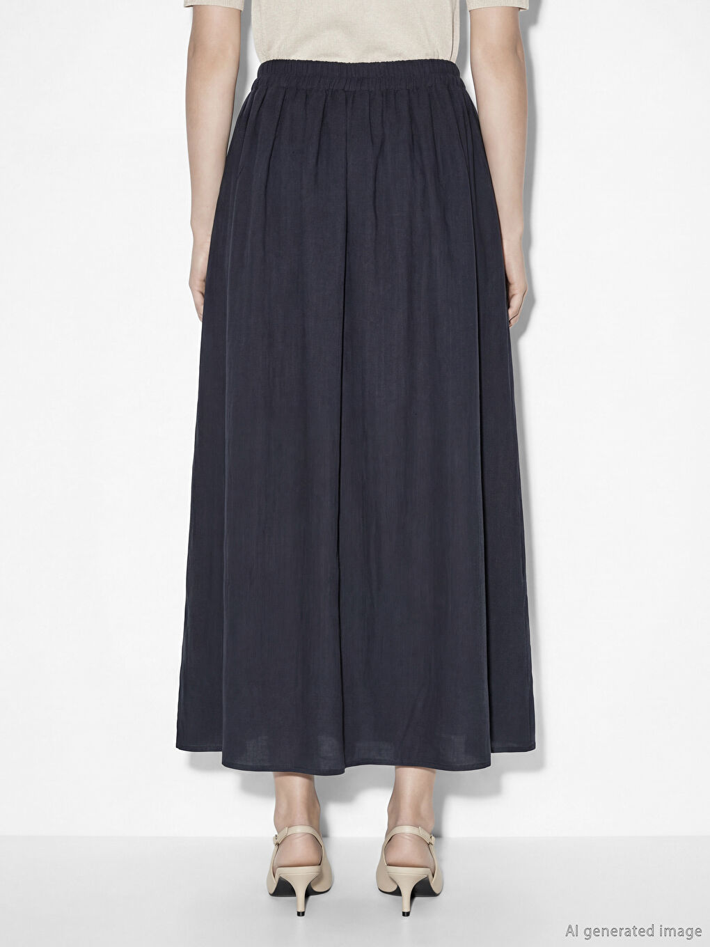 Lacivert Beli Lastikli Dokulu Kloş Etek	-6