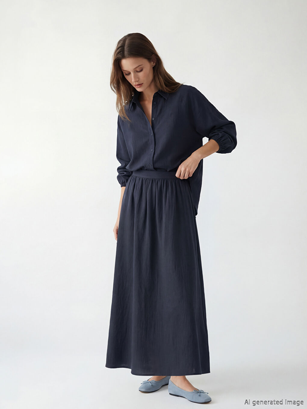 Lacivert Beli Lastikli Kloş Müslin Etek