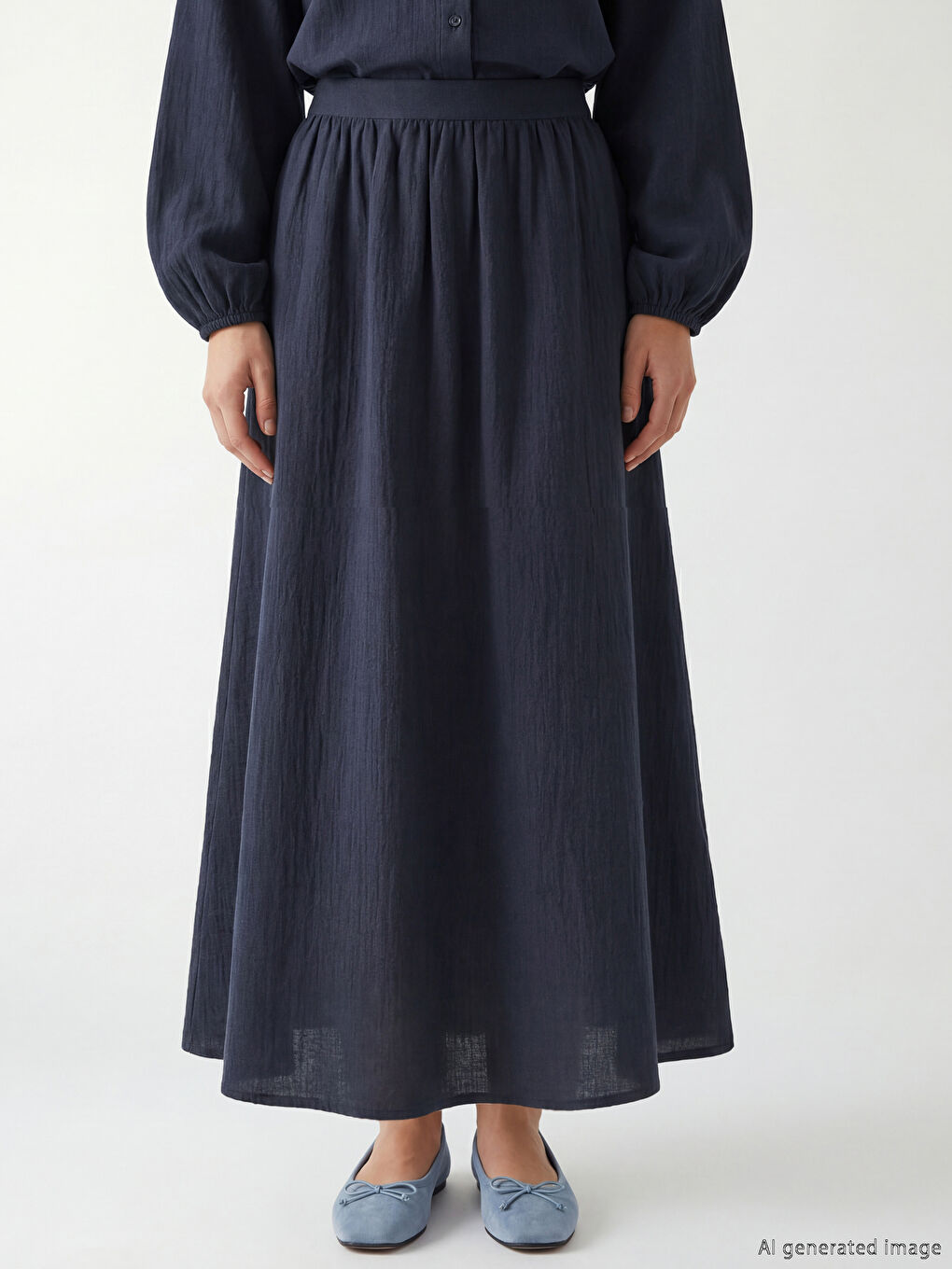 Lacivert Beli Lastikli Kloş Müslin Etek-1