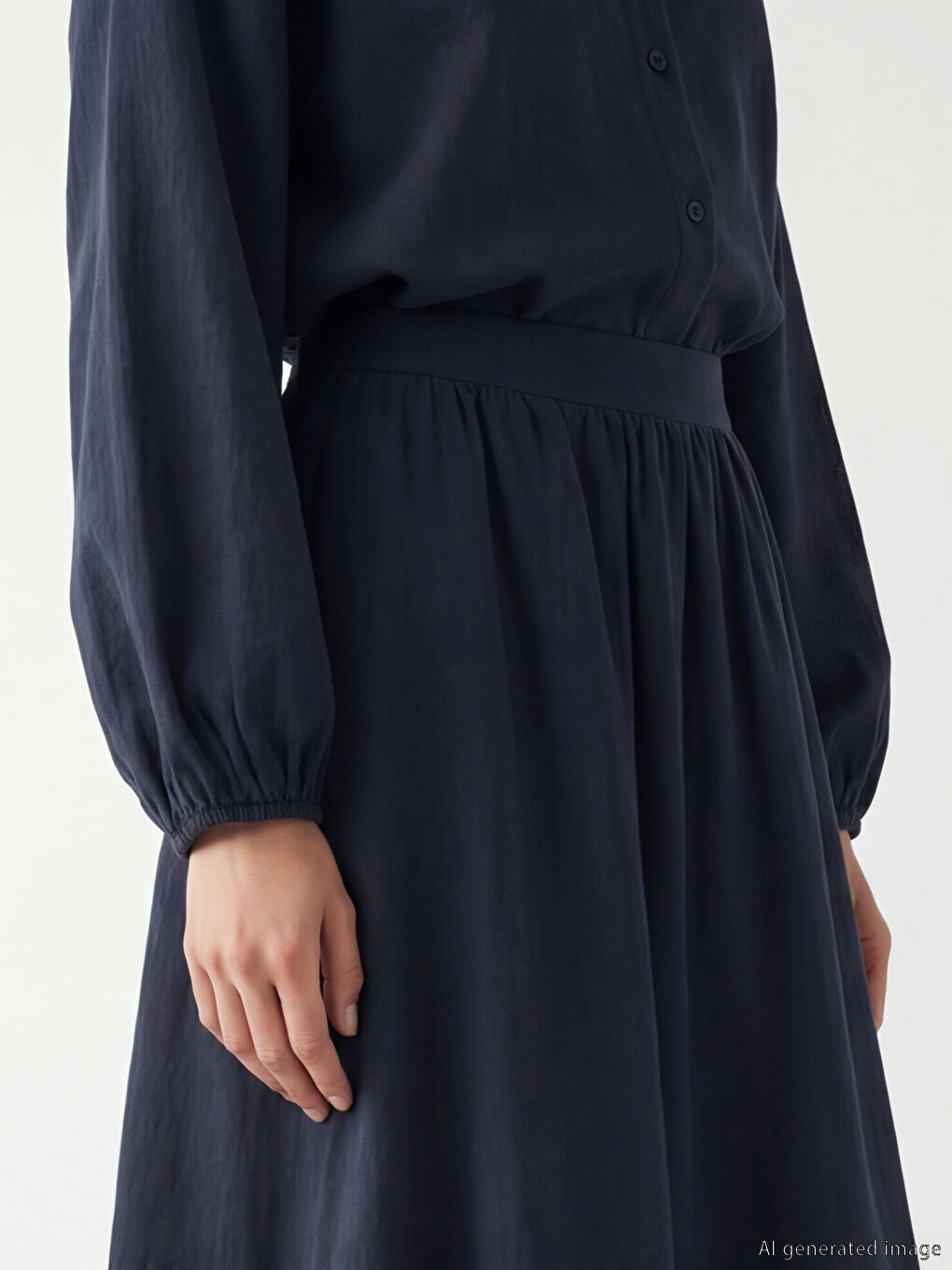 Lacivert Beli Lastikli Kloş Müslin Etek-2