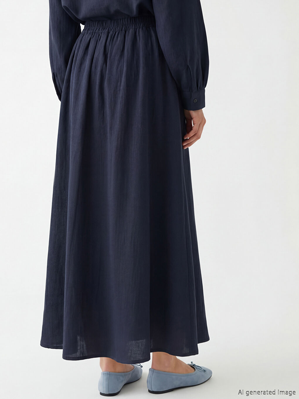 Lacivert Beli Lastikli Kloş Müslin Etek-3