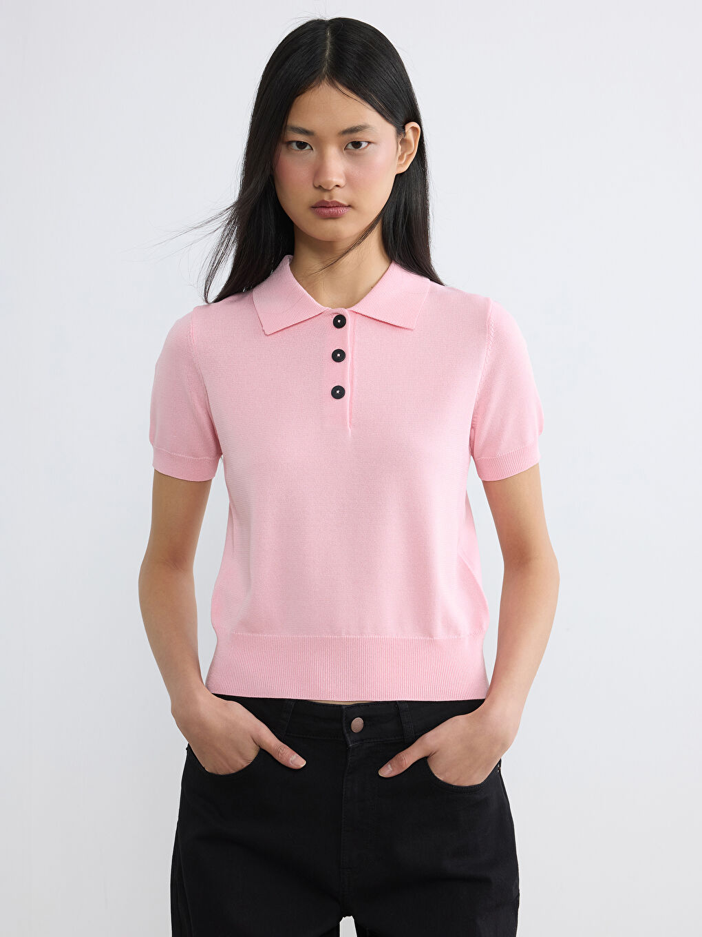 Pembe Polo Yaka Kadın Triko Kazak