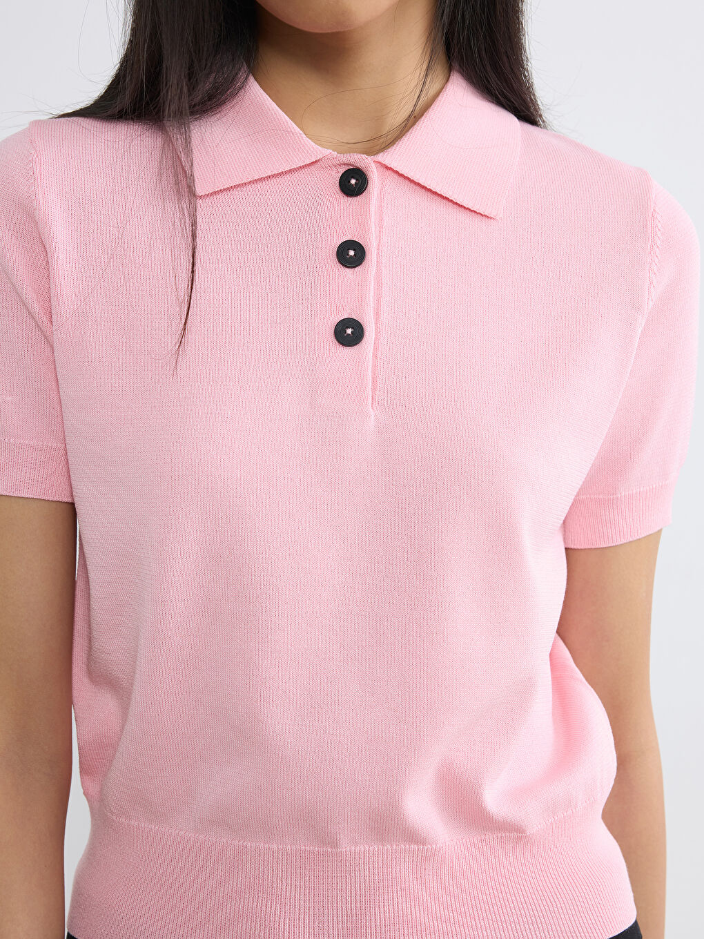 Pembe Polo Yaka Kadın Triko Kazak-2