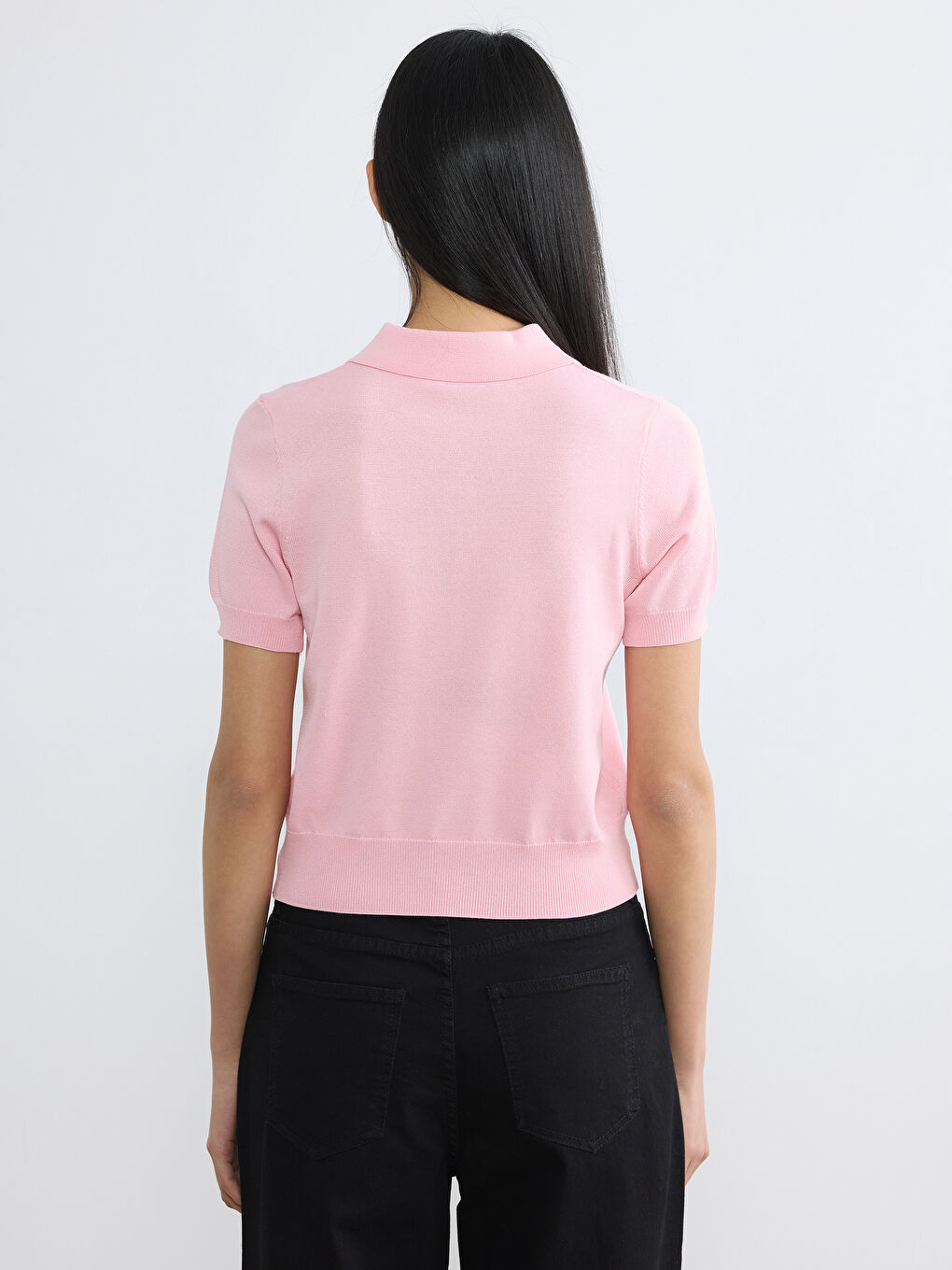 Pembe Polo Yaka Kadın Triko Kazak-3