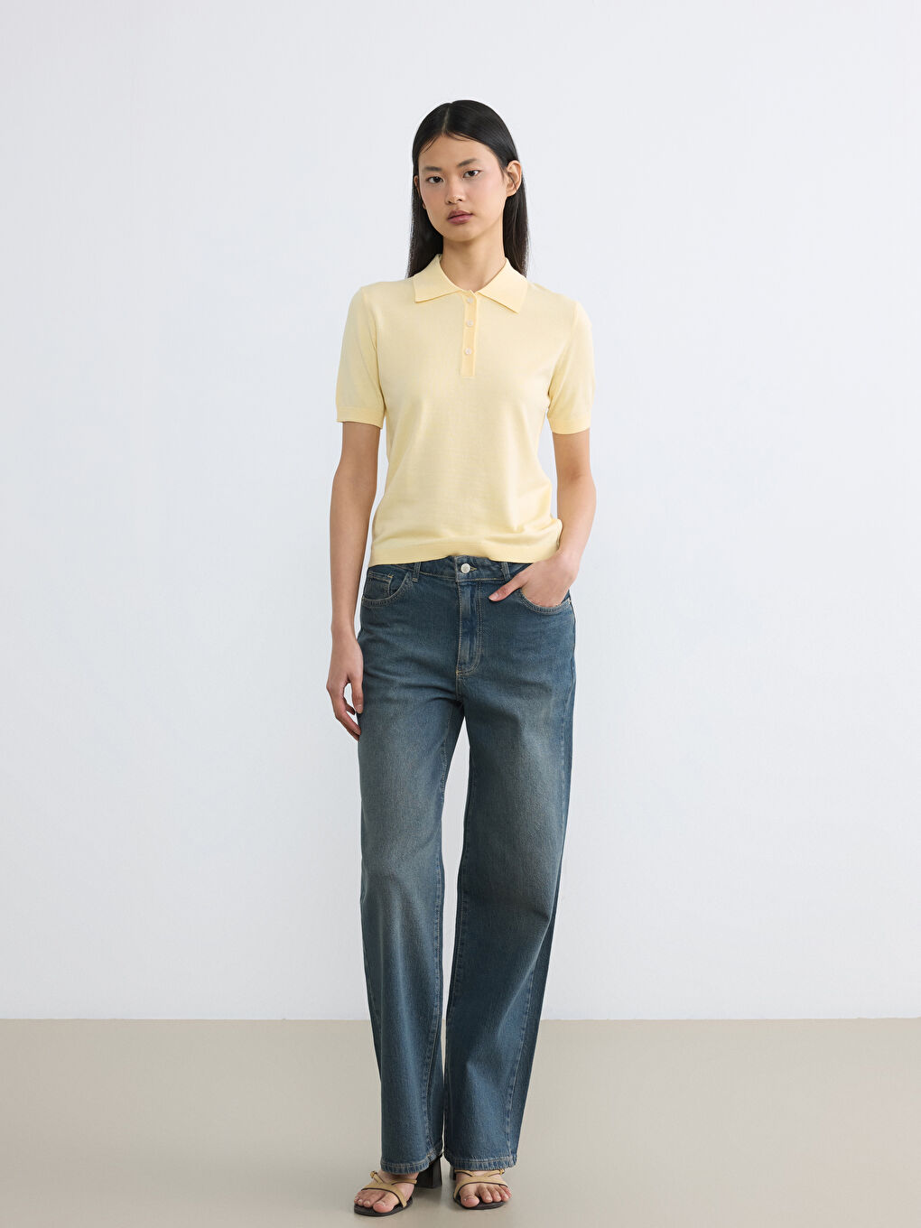 Bej Polo Yaka Kadın Triko Kazak-1