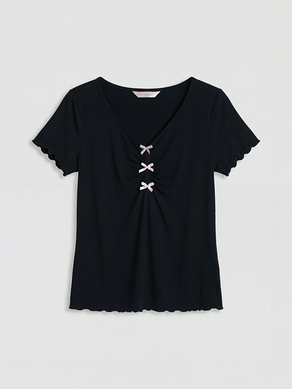 Siyah V Yaka Fiyonklu Kadın Şortlu Pijama Takımı-1