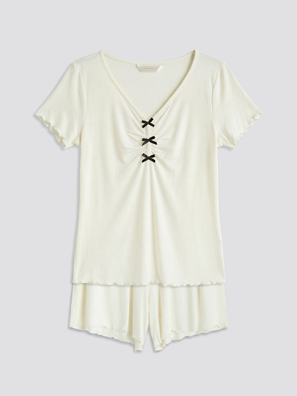 Ekru V Yaka Fiyonklu Kadın Şortlu Pijama Takımı
