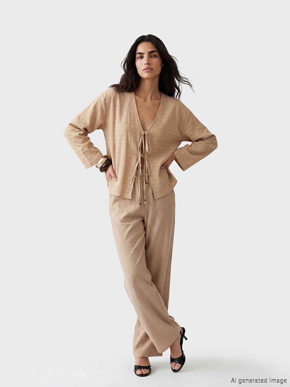 كيمونو نسائي بياقة على شكل حرف V من قماش دوبي-1